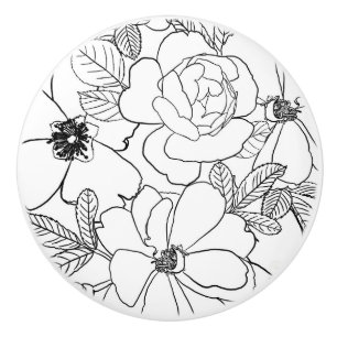 Elegant Roses Floral Line Drawing design Ceramic Knob