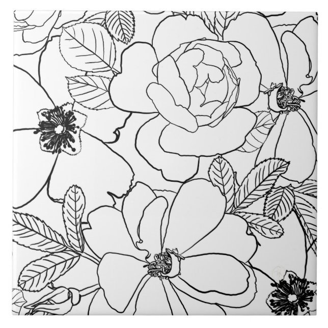 Elegant Roses Floral Line Drawing design Ceramic Tile (Front)