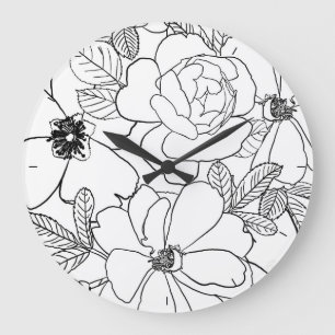 Elegant Roses Floral Line Drawing design Large Clock