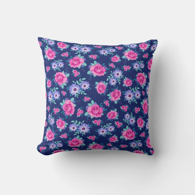 Elegant Roses Floral Pink Purple Blue Pattern Cushion (Front)