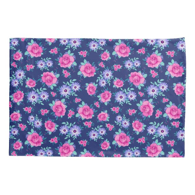 Elegant Roses Floral Pink Purple Blue Pattern Pillowcase (Back)