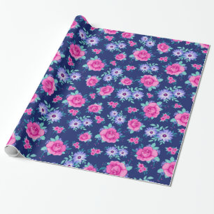 Elegant Roses Floral Pink Purple Blue Pattern Wrapping Paper