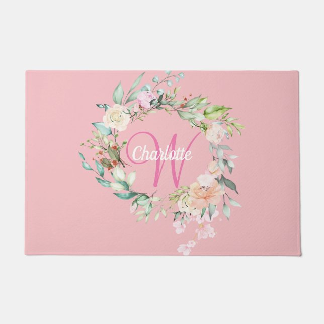 Elegant Roses Floral Pink Script Monogram Doormat (Front)