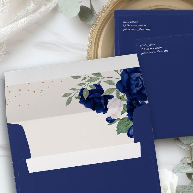 Elegant Roses Floral Return Address Royal Blue Envelope (Dark blue envelopes from my Royal Rose Quinceanera collection)