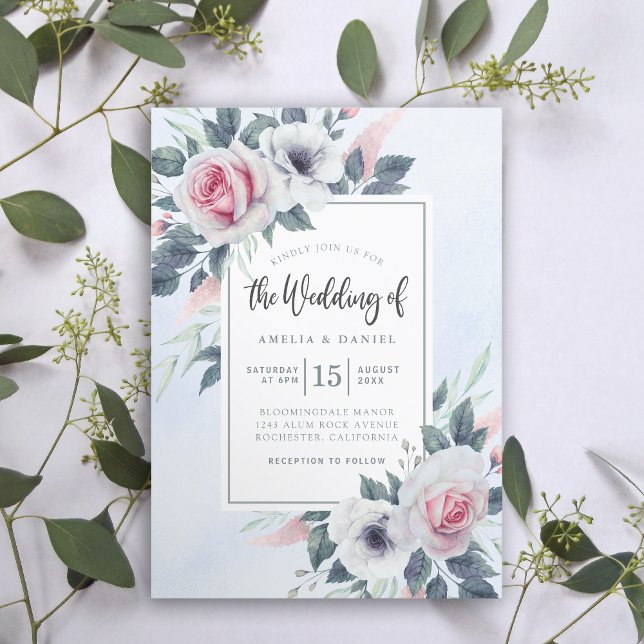 Elegant Roses Floral Watercolor Light Blue Wedding Invitation (Creator Uploaded)