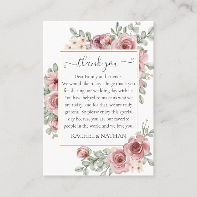 Elegant Roses Floral Wedding Thank You Place Card (Front)
