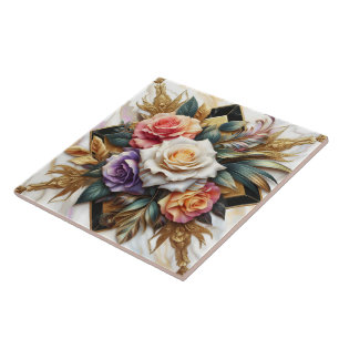 Elegant Roses in Intricate Floral Design Ceramic Tile