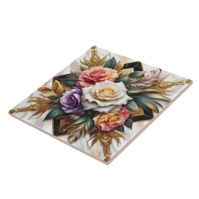Elegant Roses in Intricate Floral Design Ceramic Tile (Side)