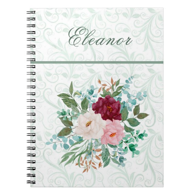 Elegant Roses & Mint Personalized Notebook (Front)