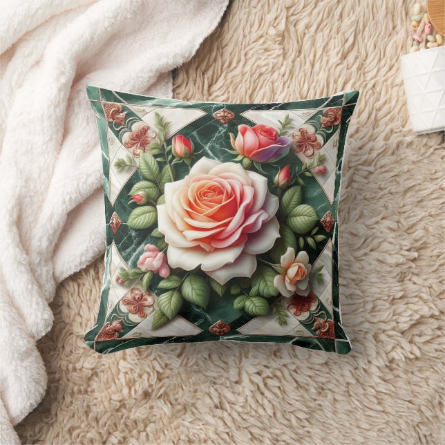 Elegant Roses on a Green Marble Background Cushion (Blanket)