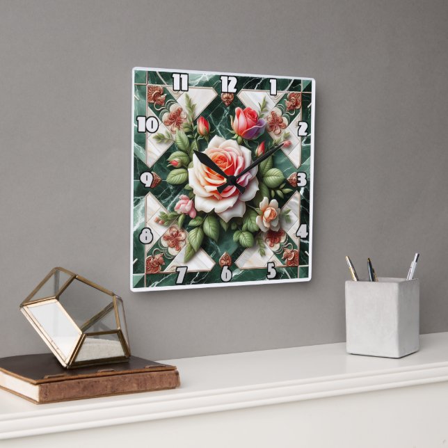 Elegant Roses on a Green Marble Background Square Wall Clock (Office)