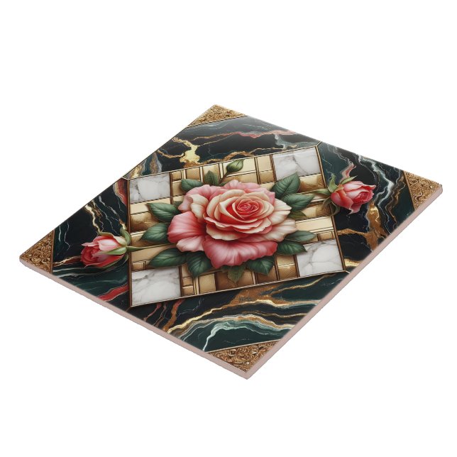 Elegant Roses on Marble and Gold Background Ceramic Tile (Side)