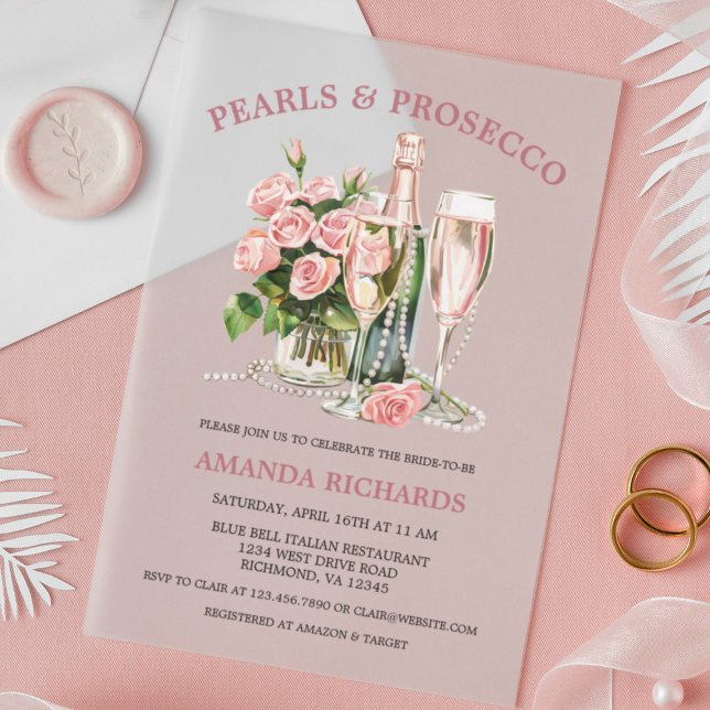 Elegant Roses, Pearls and Prosecco Bridal Shower  Acrylic Invitations (Creator Uploaded)