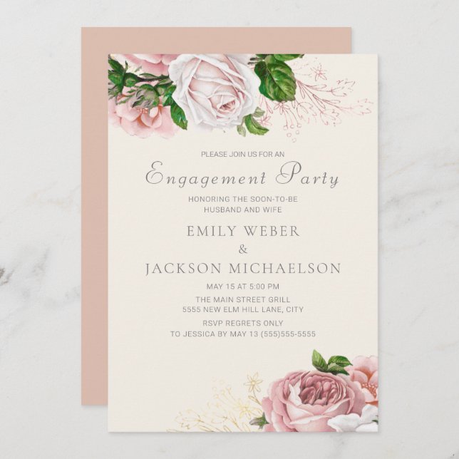 Elegant Roses Pink Floral Cream Engagement Party Invitation (Front/Back)