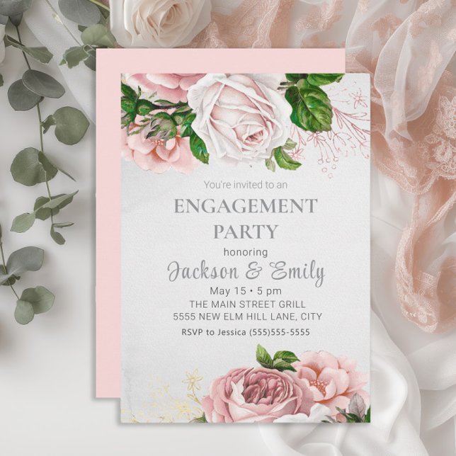 Elegant Roses Pink Floral Cream Engagement Party Invitation (Elegant blush pink watercolor vintage floral engagement party invitation)
