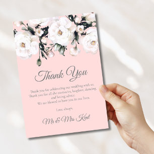 Elegant Roses   Pink White Floral Wedding Thank You Card