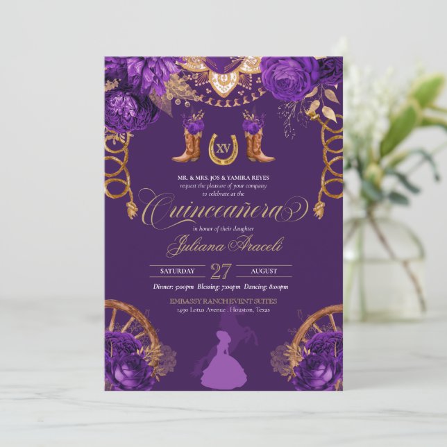 Elegant Roses Purple & Gold Charro Quinceanera Invitation (Standing Front)