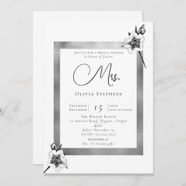 Elegant Roses Silver Christmas Future Mrs. Shower Invitation (Front/Back)