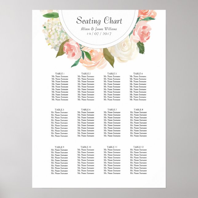Elegant roses weddin dinner seating chart (Front)