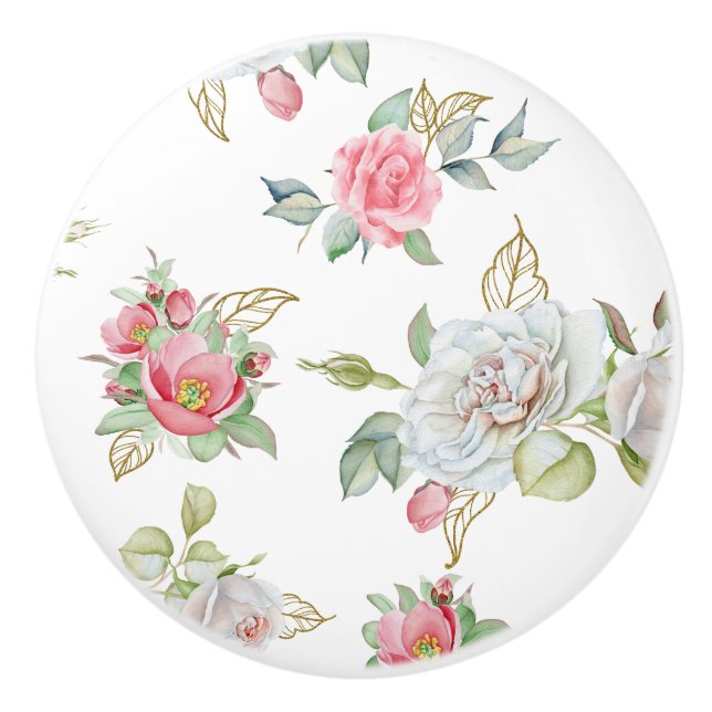 Elegant Roses with Gold Engraved Leaves Ceramic Knob (Front)