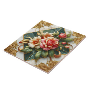 Elegant Roses With Green Background and Gold Trim Ceramic Tile