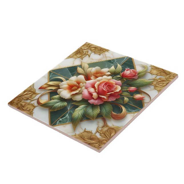 Elegant Roses With Green Background and Gold Trim Ceramic Tile (Side)