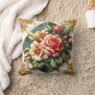 Elegant Roses With Green Background and Gold Trim Cushion