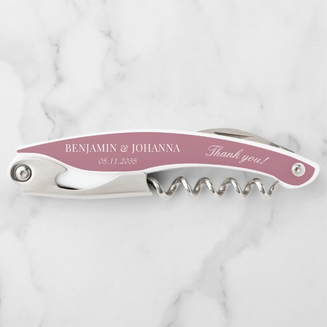 Elegant Rosewood Pink Wedding Thank You Favours Corkscrew (Front)
