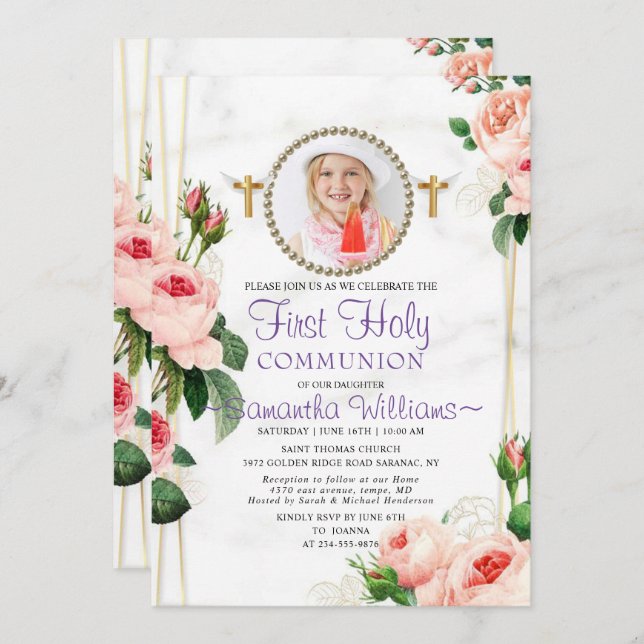 Elegant Rosy Blush Floral First Communion Invitation (Front/Back)