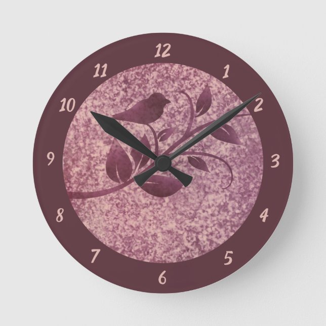 Elegant Rosy Brown Bird On Tree Leaf Nature Round Clock (Front)