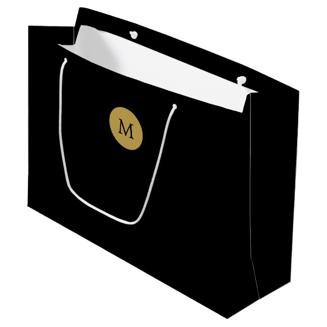 Elegant Round Monogram Black Gold Large Gift Bag (Front Angled)
