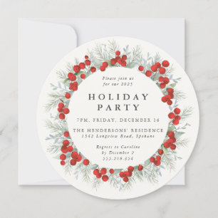 Elegant Round Red Berries Christmas Holiday Party Invitation