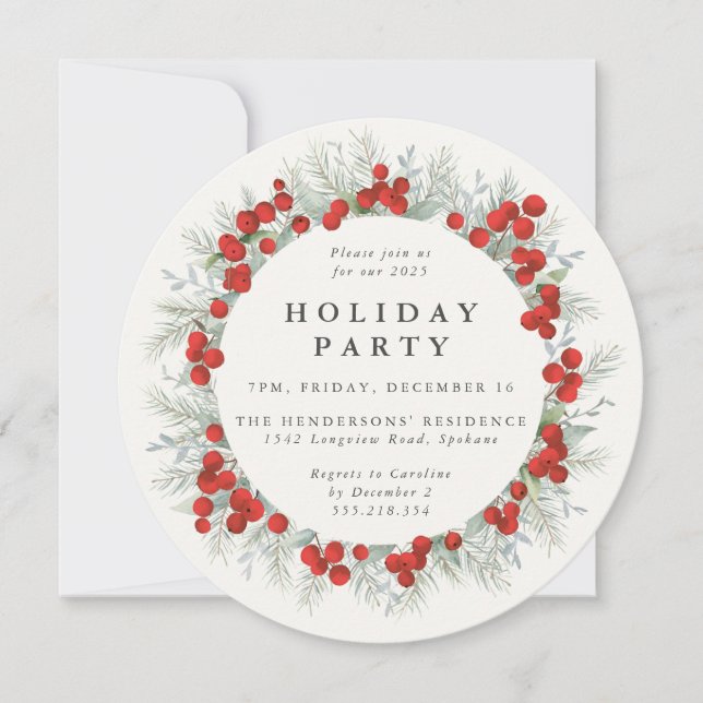 Elegant Round Red Berries Holiday Party Invitation (Front)