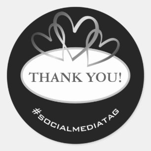 Elegant Round Silver Hearts Thank You Labels Black