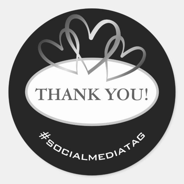 Elegant Round Silver Hearts Thank You Labels Black (Front)