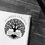 Elegant Round Tree Custom Name Ex Libris Rubber Stamp<br><div class="desc">Elegant Round Tree Custom Name Ex Libris Wooden Stamp. Personalise your favourite books with a custom stamp to remind people who the book belongs to. Featuring a tree silhouette, "ex libris" placed inside a box and your name in a serif font curved over the top. Great for libraries, teachers, book...</div>