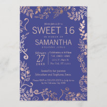 Elegant Roya Blue Rose Gold Floral Sweet 16 Invite