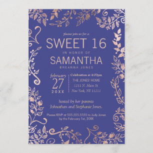 Elegant Roya Blue Rose Gold Floral Sweet 16 Invite