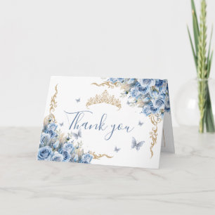 Elegant Royal Baby Blue Gold Quinceañera Crown Thank You Card