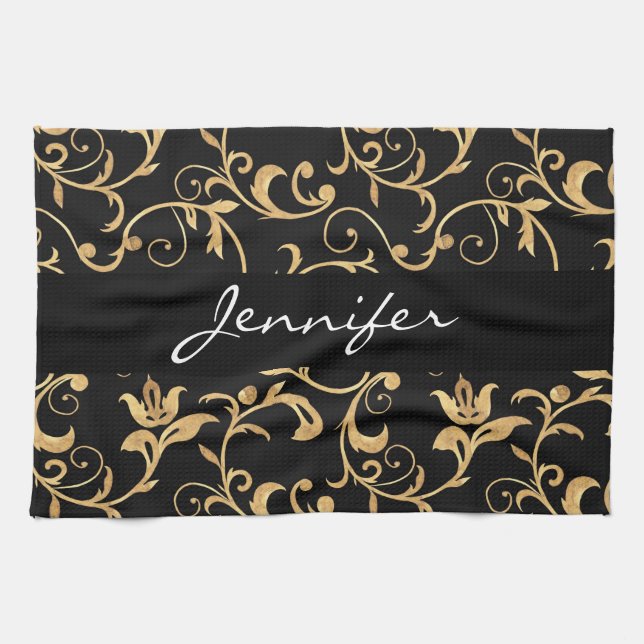 Elegant Royal Black and Gold  Damask Kitchen Towel (Horizontal)