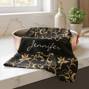 Elegant Royal Black and Gold Damask Kitchen Towel
