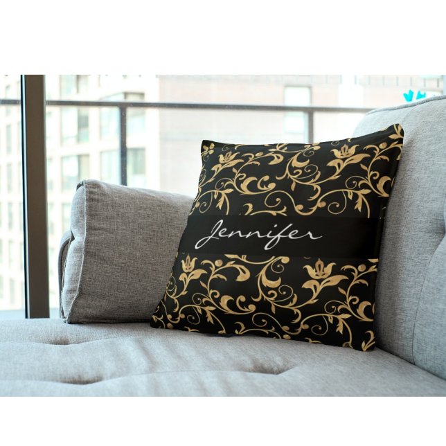 Elegant Royal Black and Gold  Damask Throw Pillow (Creator Uploaded)