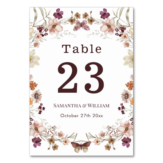 Elegant Royal Black Pastel Wildflower Boho Wedding Table Number (Front)