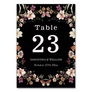 Elegant Royal Black Pastel Wildflower Boho Wedding Table Number