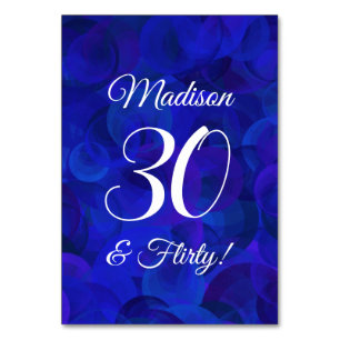 Elegant Royal Blue 30 & Flirty Birthday Party Table Number
