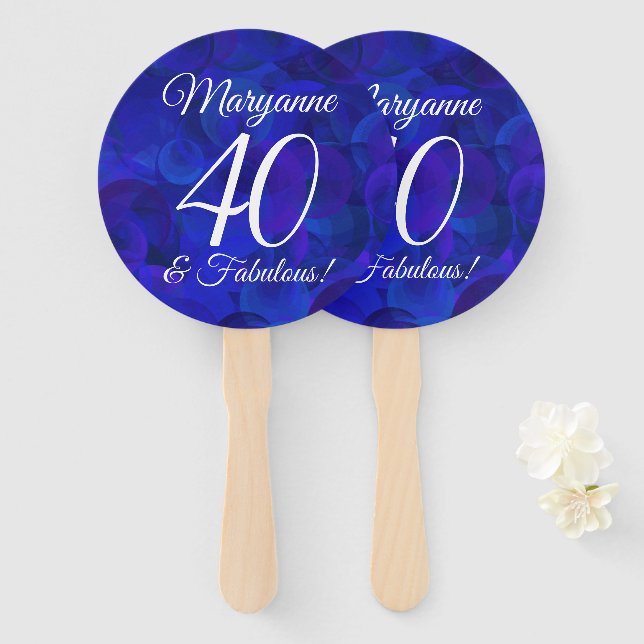 Elegant Royal Blue 40 and Fabulous Birthday Party Hand Fan (Front and Back)