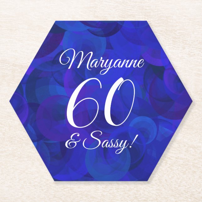 Elegant Royal Blue 60 and Sassy Birthday Party Paper Coaster (Front)