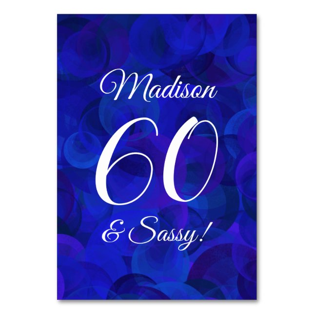 Elegant Royal Blue 60 & Sassy Birthday Party Table Number (Front)