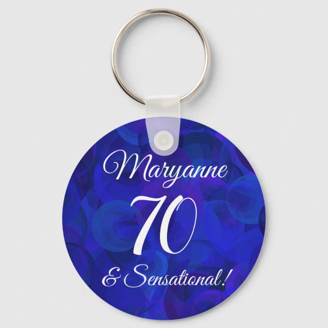 Elegant Royal Blue 70 & Sensational Birthday Party Key Ring (Front)