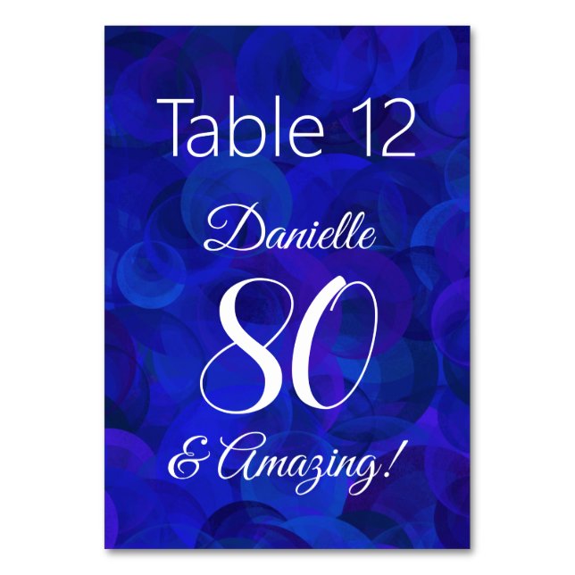 Elegant Royal Blue 80 and Amazing Birthday Party Table Number (Front)